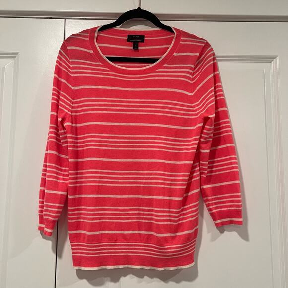 J Crew Women's Italian Cashmere Pink and White Striped Sweater Size‎ Large - Picture 1 of 8